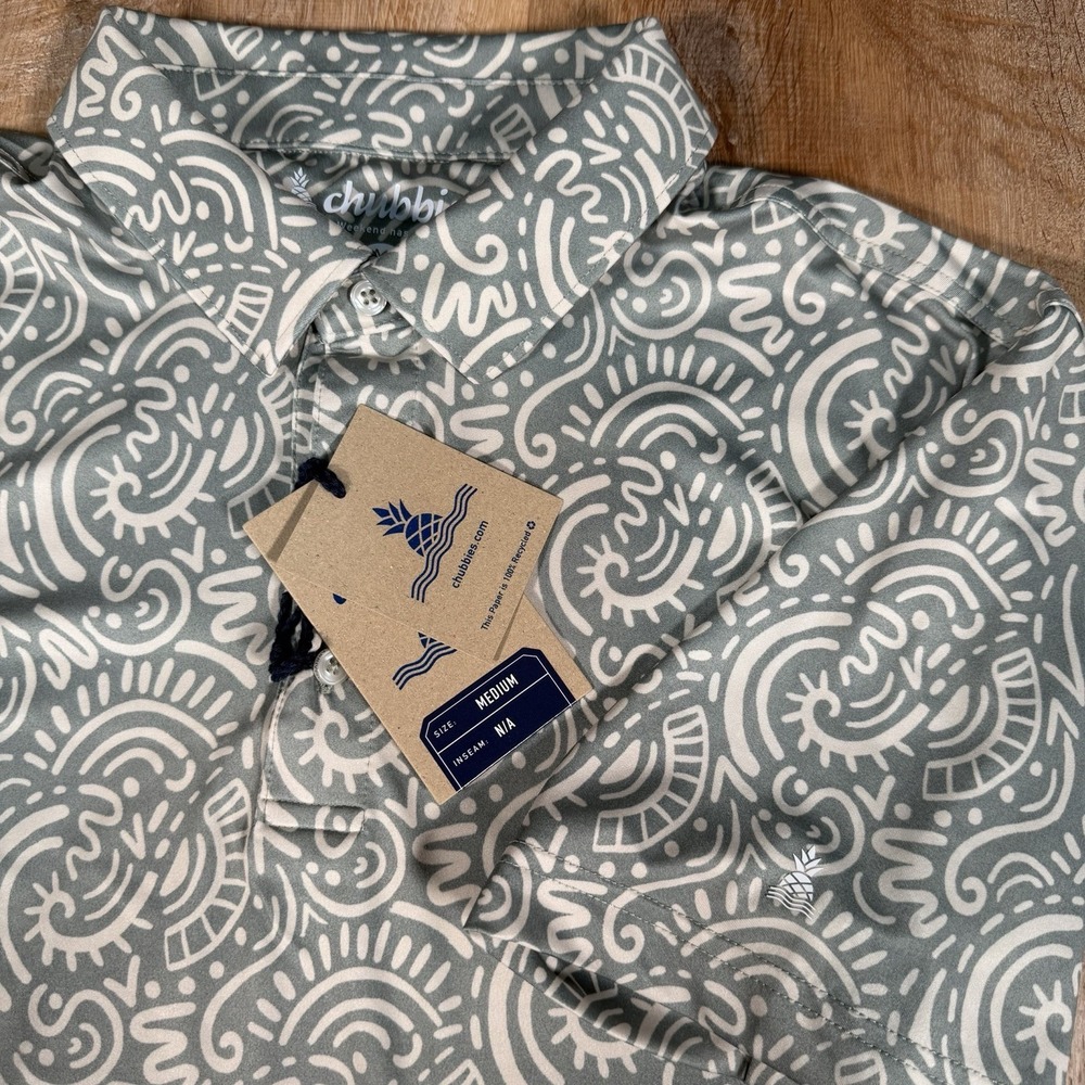 NEW Chubbies The Screen Saver Green Mens Medium Performance Golf Polo Aztec Geo